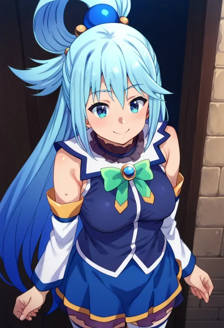 (zPDXL3),
(zPDXLxxx),
score_9, score_8_up, score_7_up,
1girl,
solo,
aqua \(konosuba\), long hair, blue eyes, hair ornament, very long hair, blue hair, hair rings, single hair ring, hair bobbles,
skirt, shirt, thighhighs, bare shoulders, detached sleeves, white thighhighs, blue skirt, blue shirt, green bow,
from above,
joy,