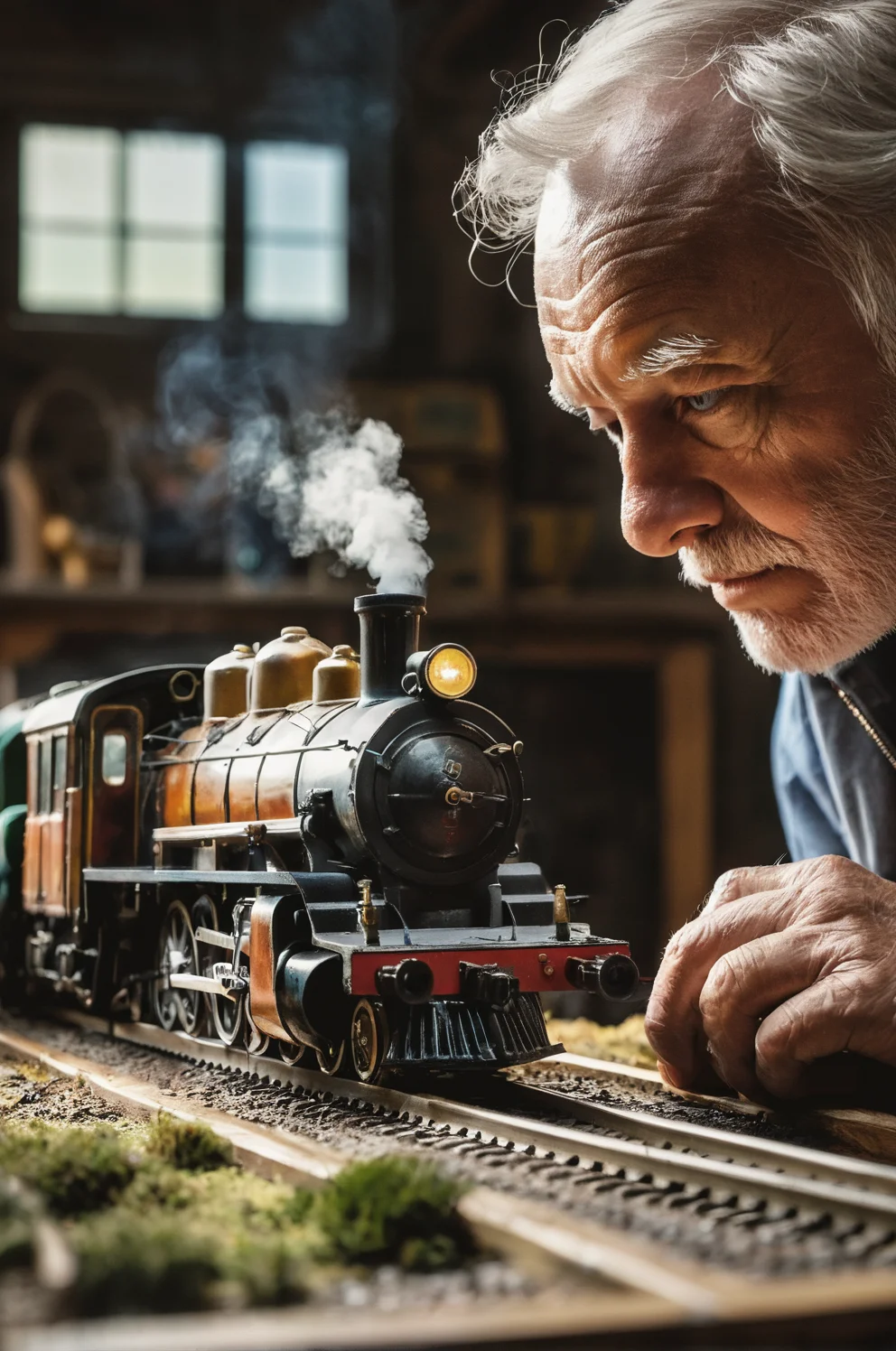 face of a rough old man partly out of frame inspecting a beautiful large and extremely detailed miniature train set, steam locomotive, tiny trees, layered, (on top of a rough wooden messy table), dusty, inside a old dust garage, hyper realistic, photorealism, rough skin, imperfections, (dark moody), vivid lighting, atmospheric haze, macro shot, extremely detailed, sunrays piercing the window, (up-close macro shot), raw photo