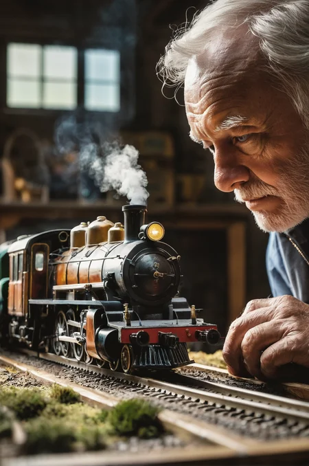 face of a rough old man partly out of frame inspecting a beautiful large and extremely detailed miniature train set, steam locomotive, tiny trees, layered, (on top of a rough wooden messy table), dusty, inside a old dust garage, hyper realistic, photorealism, rough skin, imperfections, (dark moody), vivid lighting, atmospheric haze, macro shot, extremely detailed, sunrays piercing the window, (up-close macro shot), raw photo
