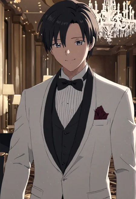 Highres, Masterpiece, High Quality, 4K, 8K, solo, 1Boy, Takaki Toono, adult, black hair, short hair, ballroom, luxury hotel, luxury room, marble floor, crystal chandelier, classic ornaments, tuxedo, smile, musterius, classy, confident, rich, easynegative, detailed_eye_model