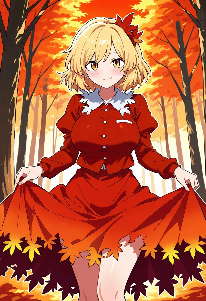 bollzzalguy style, ((forest)), ((autumn)), ((evening time)), 1girl, solo, ((standing)), ((posing)), smile, looking at viewer, ((large breasts)), (aki shizuha), blush, blondie hair, short hair, yellow eyes, red shirt, long sleeves, red skirt, leaf hair ornament, maple leaf, autumn leaves, torn clothes