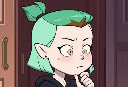 high quality, official style, high resoulution, Masterpiece, best quality, amazing quality, solo, 1girl, female, Best quality, female focus, amity blight, green hair, yellow eyes, short hair, topknot, multicolored hair, pointy ears, earrings, black nails,