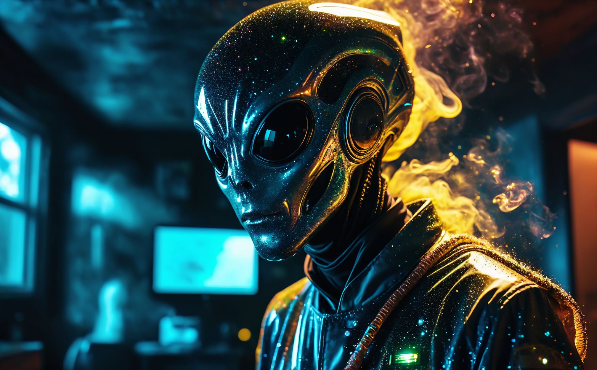 a photo of corroded twisted merged dispersed glittering sizzling smoky inundated flecked spumed alien wearing emo doctor scrubs in a house UHD, 8k, film grain, film still, motion blur,  AtompunkSDXL <lora:MJ52:0.4> <lora:DonM3t3rn1tyXL-v1.1:0.3> <lora:SDXLFaeTastic2400:0.2> <lora:add-detail-xl:1> <lora:beetlejuice v1b:1>, hologram floating in space, a vibrant digital illustration, dribbble, quantum wavetracing, black background, behance hd