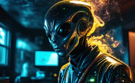 a photo of corroded twisted merged dispersed glittering sizzling smoky inundated flecked spumed alien wearing emo doctor scrubs in a house UHD, 8k, film grain, film still, motion blur,  AtompunkSDXL <lora:MJ52:0.4> <lora:DonM3t3rn1tyXL-v1.1:0.3> <lora:SDXLFaeTastic2400:0.2> <lora:add-detail-xl:1> <lora:beetlejuice v1b:1>, hologram floating in space, a vibrant digital illustration, dribbble, quantum wavetracing, black background, behance hd