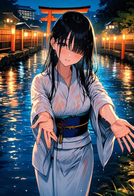<lora:BLE 0.5v:1>, BLE, best quality, masterpiece, detailed background,
1girl, hair over eyes, japanese clothes, kimono, solo, wet, night, long hair, black hair, outdoors, torii, wet hair, sash, water, obi, building, city, bangs, city lights, wet clothes, long sleeves, reaching towards viewer, facing viewer, yukata, wide sleeves, covered eyes, white kimono, outstretched hand, standing