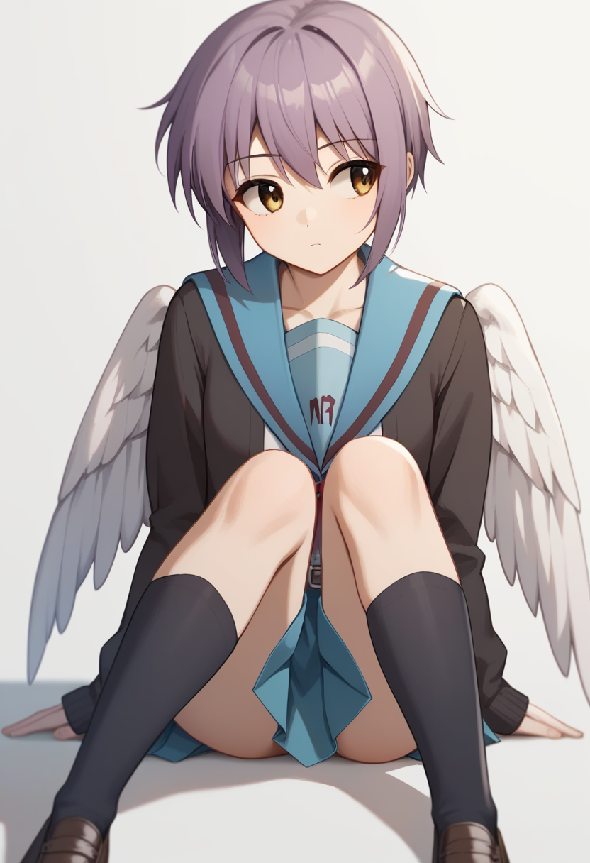 score_9,score_8_up,score_7_up,<lora:nagato_yuki_pony:1>,nagato_yuki, black_cardigan, simple_background, belt, winter_uniform, long_sleeves, kita_high_school_uniform, kneehighs, blue_skirt, solo, white_wings, feathered_wings, open_cardigan, alternate_eye_color, commentary_request, black_socks, blue_sailor_collar, expressionless, 1girl, white_background, looking_away