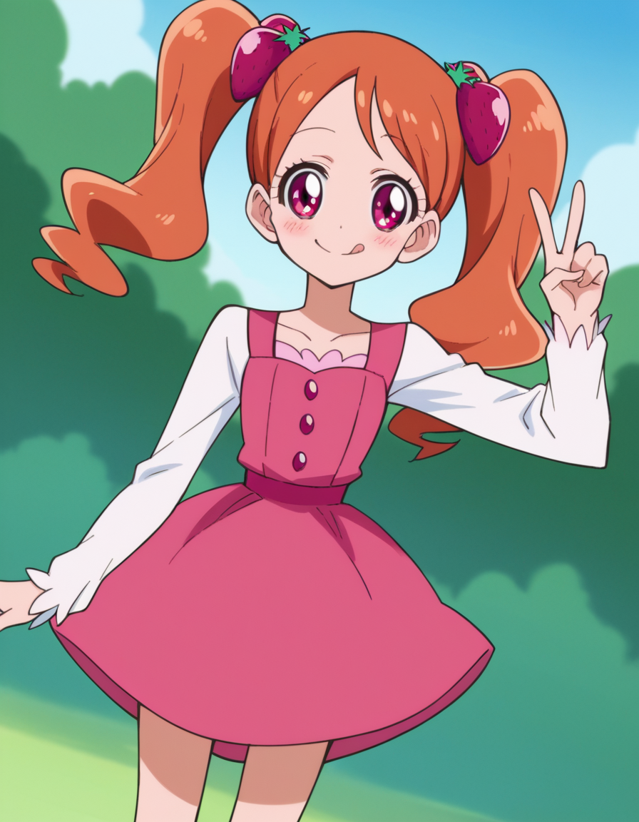 score_9, score_8_up, score_7_up, source_anime,
<lora:ichika-usami-anime-ponyxl-lora-nochekaiser:1>, ichika usami, hair ornament, twintails, pink eyes,
orange hair, long sleeves, dress, pink dress, food-themed hair ornament, strawberry hair ornament,
outdoors, smile, blush, v, v over eye, tongue,
looking at viewer, cowboy shot, dutch angle, solo,