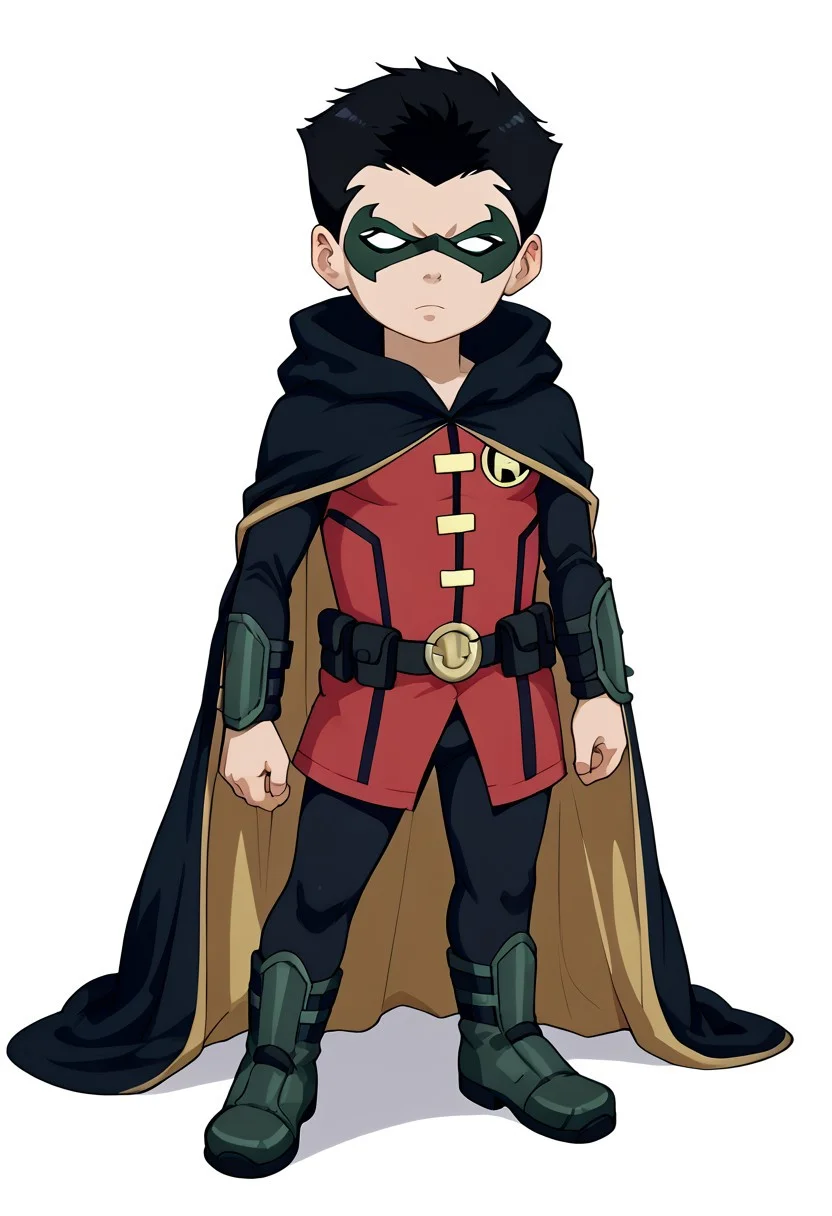 score_9, score_8_up, score_7_up, score_6_up, score_5_up, sorce_cartoon, source_hq, young, cute, 1boy, solo, male Robin ,masterpiece, best quality, amazing quality, best aesthetic, ,absurdres,intricate details,1boy,robin_dc, black hair, mask, black bodysuit, greeen gloves, cape, black boots, red vest, belt, slim but fit, barefeet, full body,w3st3rnc0m1c,westerncomic, western comic art style, petite, shortstack, small body, detail1eye,concept art, realistic, dark theme, low light,, zPDXL3, emotional eyes, emotional face, cute face, easynegative, ng_deepnegative_v1_75t, detailed_eye_model, small eyes, square head, zPDXL3, easynegative, ng_deepnegative_v1_75t, CuteCartoonStyle, 3DMM, eyesHD, high gradient eyes, detailed eyes, high definition eyes, dynamic pose