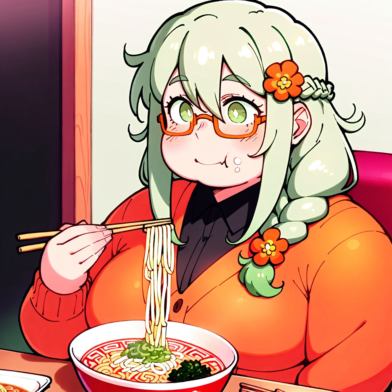 high resolution, solo, long hair, green hair, hair between eyes, long sidelocks, sidelocks, braid, hair over shoulder, green eyes, orange glasses, chubby, orange cardigan, black shirt, collared shirt, flower hair ornament, orange flower, smile, eating, ramen, noodles, chopsticks