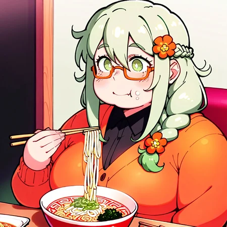 high resolution, solo, long hair, green hair, hair between eyes, long sidelocks, sidelocks, braid, hair over shoulder, green eyes, orange glasses, chubby, orange cardigan, black shirt, collared shirt, flower hair ornament, orange flower, smile, eating, ramen, noodles, chopsticks