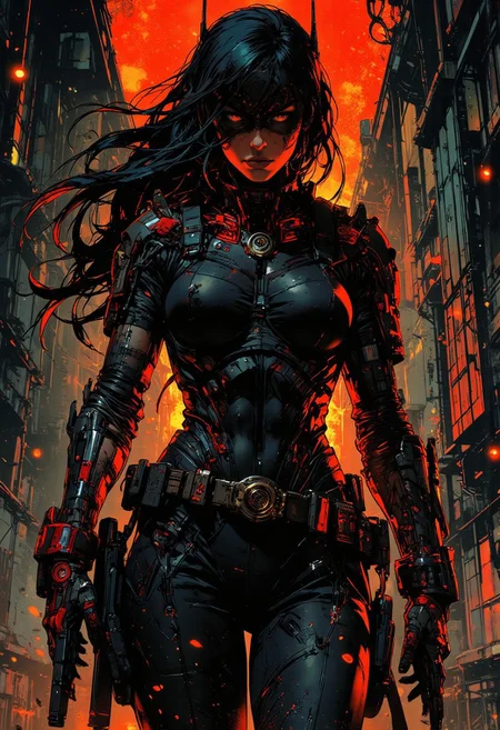 in the style of ck-mgs, nistyle, Inkplash art on rice paper, sepia, henna, Silhouette Art, magnificent, inksplash, closeup portrait, female space pirate, outlaw, large breasts, toned arms, flowing black hair, reflective black and neon red armor, armor, large breasts, holding two pistols, abstract background suggesting a futuristic city, the belly of a spaceship opening up with a ramp, midnight atmosphere, moonlight, moon rays, night, Cowboy Shot, close up,