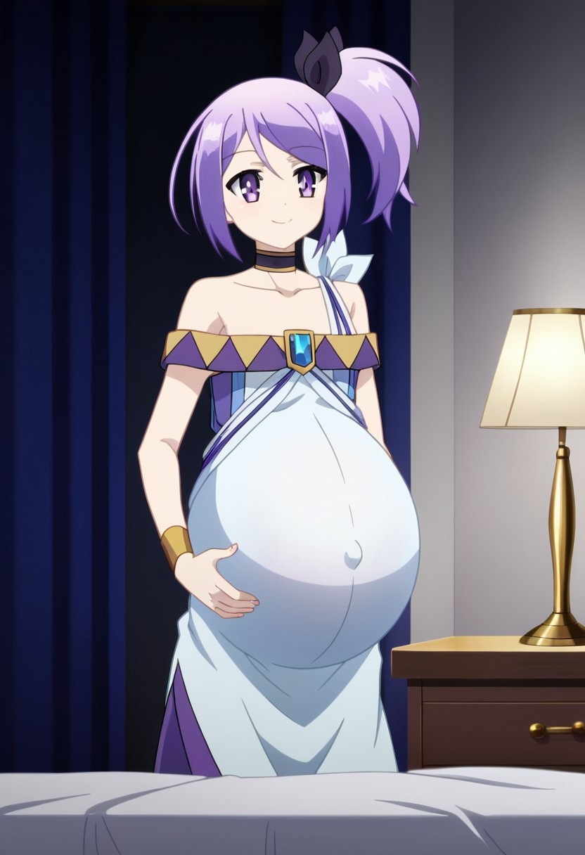 best quality, masterpiece, 4k, perfect lighting, very aesthetic, anime, anime coloring, official art, anime screencap, bedroom, happy, smile, hands on belly,
fFaceDetail, EyeDetail,
(large pregnant belly:1.5)
<lora:MasterofRagnarok:1>, christina, purple eyes, purple hair, short hair, side ponytail, hair ribbon, flat chest
choker, bare shoulders, collarbone, ribbon,  dress,
(covered belly:1.5), (pregnancy clothes:1.5)