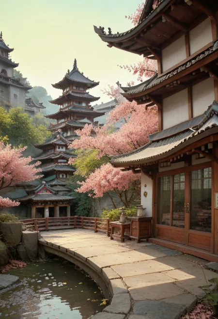 absurdres, masterpiece, best quality, ,highres, extremely high detail, depth of field, volumetric, photo, hdr, scenery, east asian architecture,