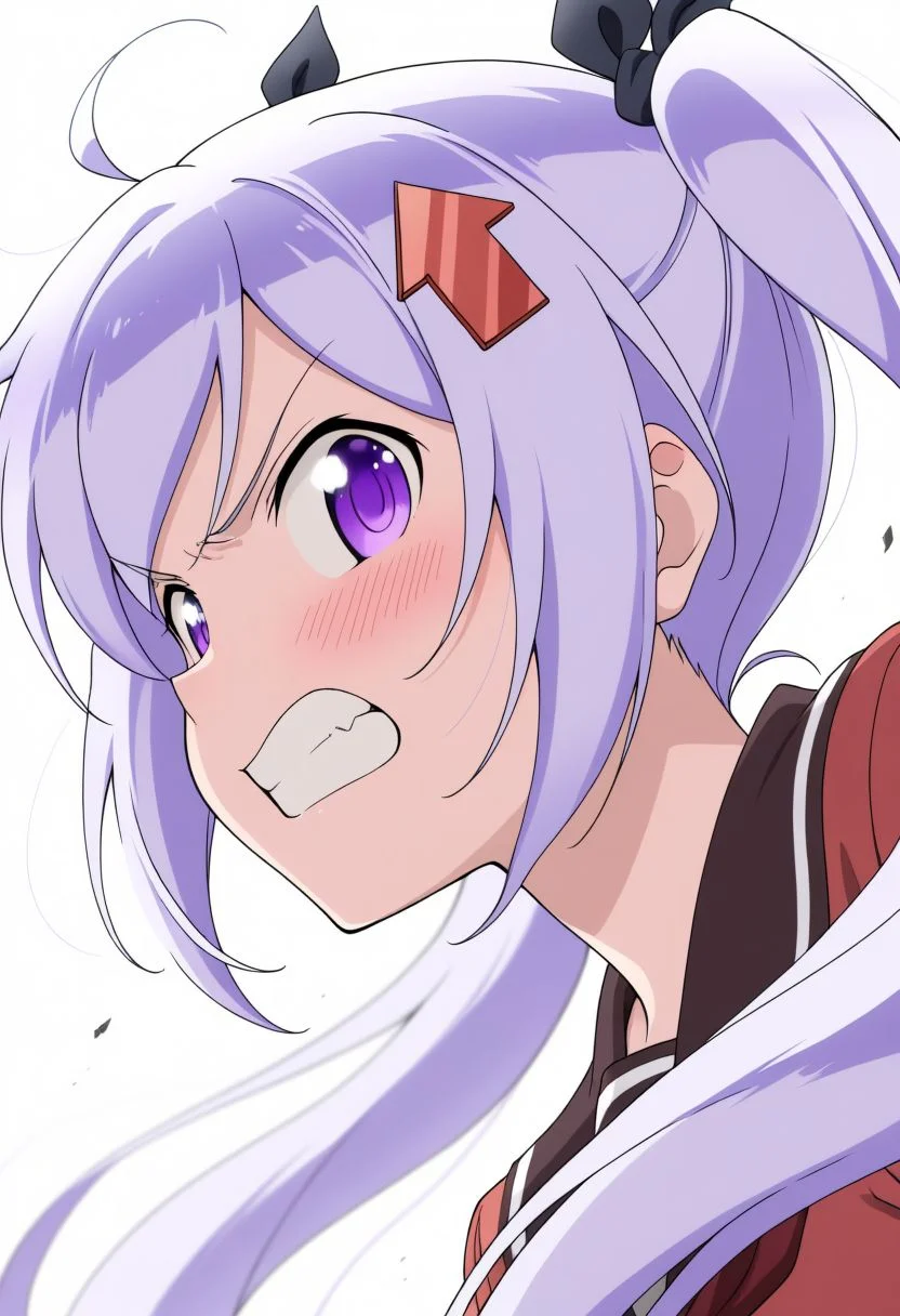(anime coloring:0.8), (anime screencap:0.5), (masterpiece, best quality, newest, absurdres, highres, )
looking at viewer, upper body, dutch angle, from side, 
white background, 
1girl, <lora:kamiya_agari:1>black hair ribbon, kamiya agari, red arrow (symbol), arrow hair ornament, 1girl, solo, blush, ribbon, school uniform, hair ribbon, teeth, serafuku, parody, clenched teeth, angry, close-up, 
red serafuku,