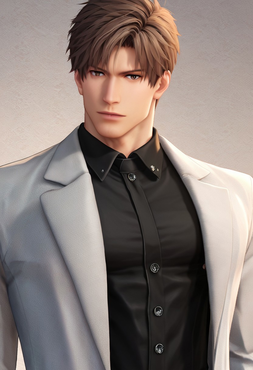 score_9, Artist7p, solo, short hair, open shirt, brown hair, daddy, hair, handsome, suit, black shirt, male focus, style