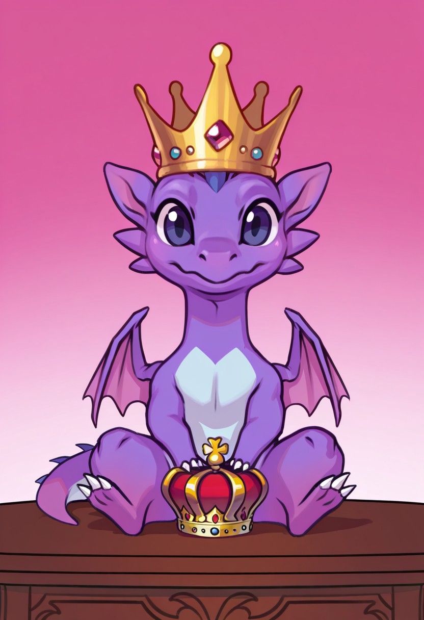 DJco, Crown_(object), cute tiny dragon with a crown sitting on a table, no humans, no characters