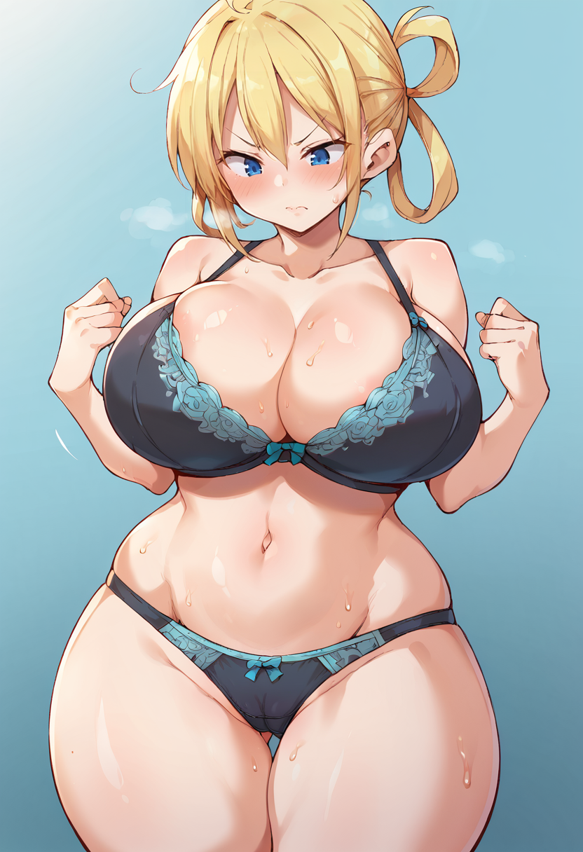 score_9, score_7_up,  1girl, 
huge breasts, wide hips, thick thighs, breasts, v-shaped eyebrows, panties, closed eyes, blush, cowboy shot, underwear only, sweat, bouncing breasts, hands up, hair between eyes, blue eyes, hair rings, solo, bare shoulders, blonde hair, bra, undressing, navel, cameltoe, short hair, thighs, standing, underwear, collarbone, >:\(, stomach, black panties, looking down, black bra, cleavage
 <lora:marui_maru-Style-PonyXL-GLoRA-000049:1>