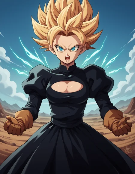 score_9, score_8_up, score_7_up, source_anime, <lora:super-saiyan-ponyxl-lora-nochekaiser:1>, super saiyan, spiky hair, aura, open mouth, closed hands, shouting, breast,
<lora:2b-s1-ponyxl-lora-nochekaiser:1>, gloves, long sleeves, dress, puffy sleeves, black dress, clothing cutout, cleavage cutout, juliet sleeves, feather-trimmed sleeves,
wasteland, sky, blue sky, clouds,, cowboy shot, dutch angle, looking at viewer,