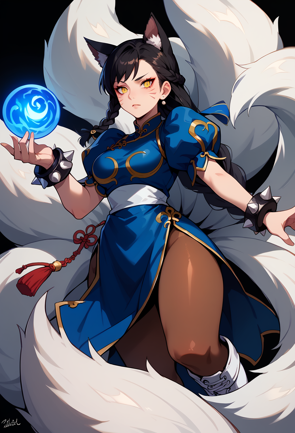 score_9, score_8_up, score_7_up, <lora:CHUN:1> , bun cover, qipao, spiked bracelet, pantyhose, White Boots, blue dress, china dress, gold trim, jewelry, pelvic curtain, puffy sleeves, white sash, short sleeves,  <lora:Ahri_pdxl_Incrs_v1:0.9> , ahridefault, slit pupils, animal ears, facial mark, fox tail, multiple tails, long hair, single braid, black hair, yellow eyes, large breasts, blue magical orb, cosplay, side slit,