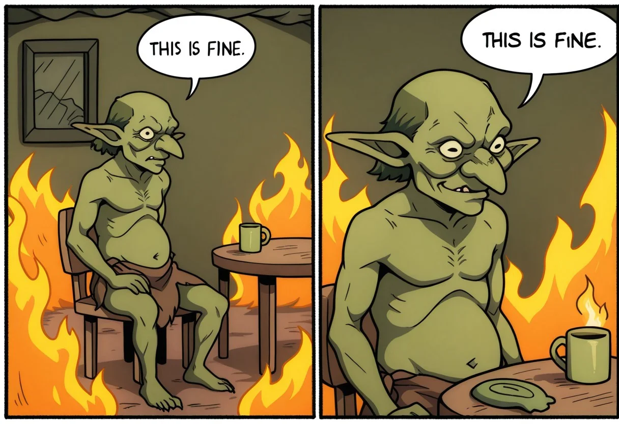 masterpiece, best quality, amazing quality, Gob, green skin, bald, this_is_fine_(meme), fire, english text, sitting, chair, table, mug, speech bubble,