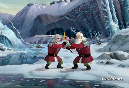 geralt as a (r0b0t_s4nta_c1aus), holding a sword,
high guard sword parry stance, incoming vertical sword attack
at a frozen lake,
game screenshot,
looking at the camera,
sfw