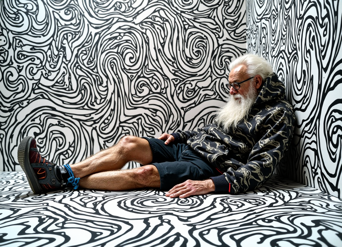Photorealistic portrait of an eccentric elderly man with a long white beard, lying on a floor and wall completely covered in a black and white geometric pattern. The pattern consists of intricate, hand-drawn lines forming a maze-like design of zigzags, curves, and angular shapes. The man wears glasses, a patterned hoodie that blends with the background, shorts, and sneakers. His legs are bent at the knees, partially obscured by the pattern. High-contrast lighting emphasizes the texture of the beard and the crisp lines of the pattern. Shot from a slightly elevated angle, creating a disorienting, camouflage effect. Sharp focus throughout, captured with a wide-angle lens to show the expanse of the pattern. Studio lighting setup for even illumination. Digital photography, high resolution, emulating the style of contemporary art photography or editorial fashion shoots.