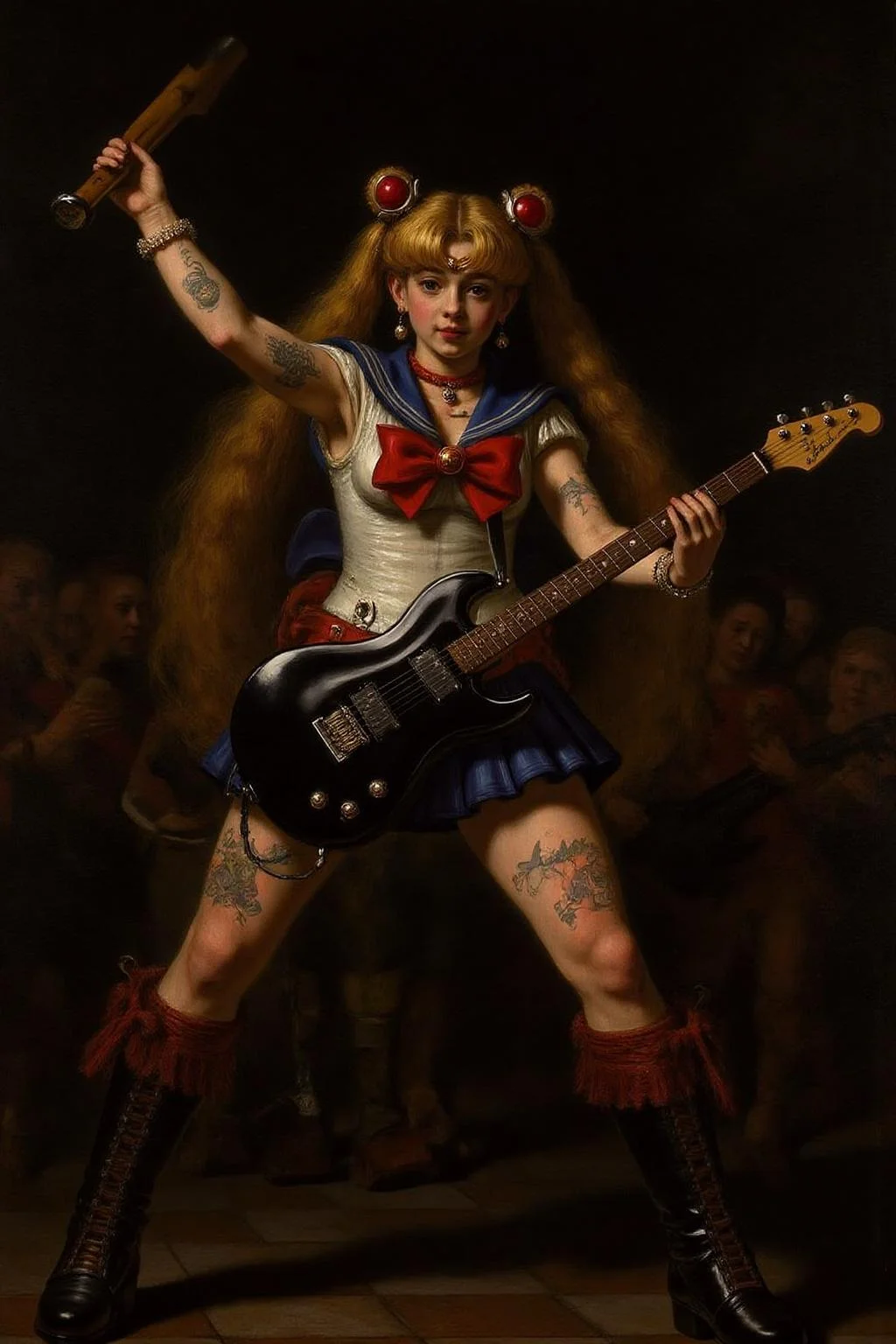 rembr2 painting
of of punk sailor moon playing a guitar at a heavy metal mosh pit, tattoos, piercing,
<lora:rembr_paint1_semicap_d6a3:1.0><lora:812151442346534888:0>