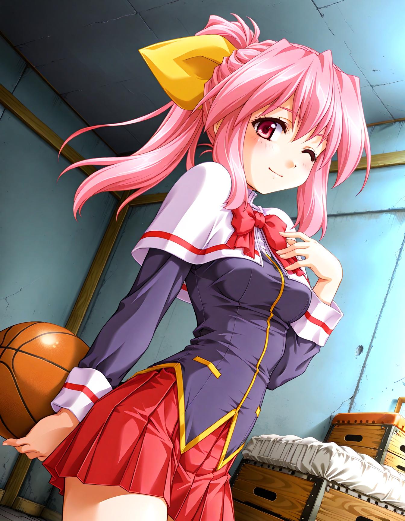 (1girl, solo:1.3), (2girls, 3girls, 4girls, multiple girls, 2boys, 3boys, 4boys, multiple boys:-1.5) <lora:Inuyama_Tsumugi_Dokusen_Illustrious:0.9>, inuyama_tsumugi, medium breasts, red eyes, pink eyes, pink hair, long hair, ponytail, hair bow, hair ribbon, yellow ribbon, school uniform, long sleeves, wrist cuffs, white capelet, capelet, red bowtie, bowtie, red skirt, pleated skirt, miniskirt light smile, one eye closed, general, contrapposto, dynamic pose, , upper body, from side, from below, dutch angle, indoors, gym storeroom, dark room, messy room, concrete, (gray theme:1.3), one basketball \(object\), piled mattress, (window:-2.0), flashing, <lora:NOOB_EPSv1_1_detailer_by_vlnvk_v1_0:1.5>, (photo background:0.7), day, (tachibana yuu:0.6), inue shinsuke, (kazuma muramasa:0.0), saikawa yusa, (aoi manabu:0.6), abarerumidori, (suzui narumi:0.6), masterpiece, newest, absurdres, 8K, anime screenshot, anime coloring, flat color, official art, film grain, <lora:illustriousXLv01_stabilizer_v1.185c:0.7>, <lora:LECO_Solo:-4.0>,