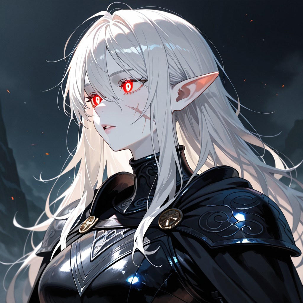 masterpiece, best quality, newest, absurdres, highres, GOTPV1.0, oil painting (medium), 
1girl, pale, white skin, colored skin, pale skin, soft lips, glossy lips, elf, pointy ears, detailed eyes, glowing eyes, muscular woman, armor, cape, leather armor, scar, scars on face, white hair, long hair, messy hair, black armor, black leather,