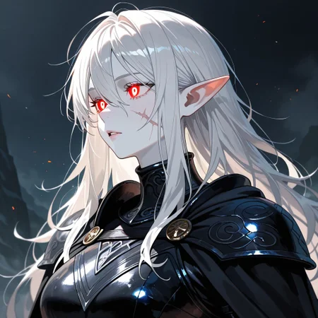 masterpiece, best quality, newest, absurdres, highres, GOTPV1.0, oil painting (medium),
1girl, pale, white skin, colored skin, pale skin, soft lips, glossy lips, elf, pointy ears, detailed eyes, glowing eyes, muscular woman, armor, cape, leather armor, scar, scars on face, white hair, long hair, messy hair, black armor, black leather,