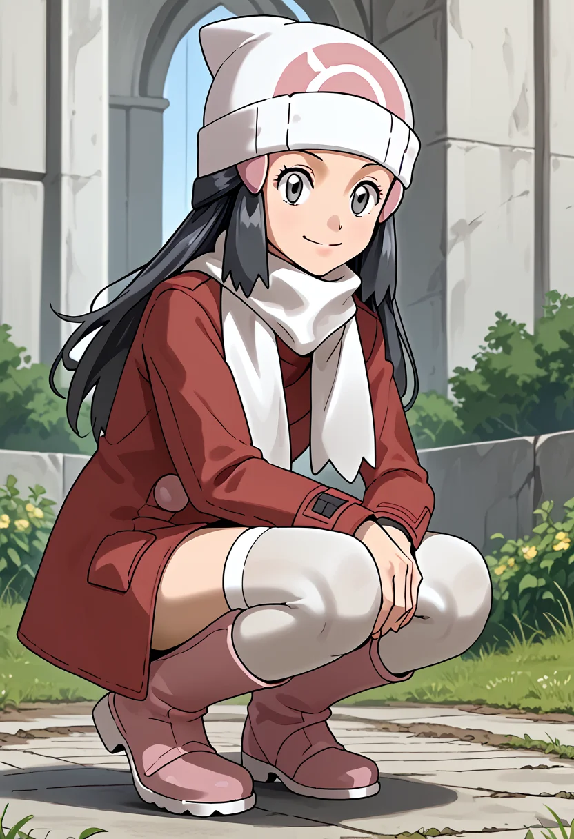 Squatting, hands resting on thighs,  smile,  outdoors, 1girl, <lora:DawnPony:1> Dawn_Platino, long hair, black hair, grey eyes,  hair ornament, beanie, white headwear, white scarf, red coat, long sleeves, white thighhighs, boots, pink footwear,