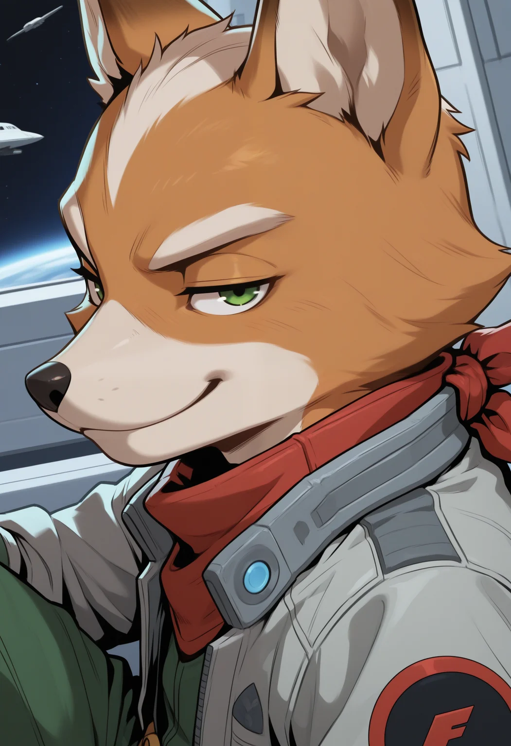 masterpiece,best quality, amazing quality, 1boy, solo, f0x, fox boy, green eyes, red scarf, grey jacket, green jumpsuit, close up, side angle, smug,
space, space ship, bedroom,