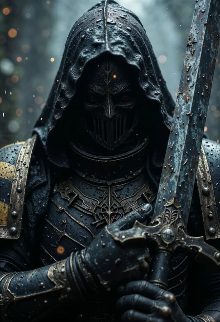 A mysterious, hooded figure. The figure is clad in intricately detailed IronW40k armor, adorned with ornate patterns and textures that suggest a gothic or medieval style. The hood obscures the helmet, casting deep shadows that enhance the enigmatic presence. The figure's hands, covered in armored gauntlets, grip the hilt of a large, menacing sword. The sword's blade is partially visible, reflecting a cold, metallic sheen. The background is blurred, emphasizing the central figure and adding to the atmospheric, moody tone of the composition. Water droplets are visible on the armor, suggesting a recent rain or mist, adding a dynamic element to the scene.