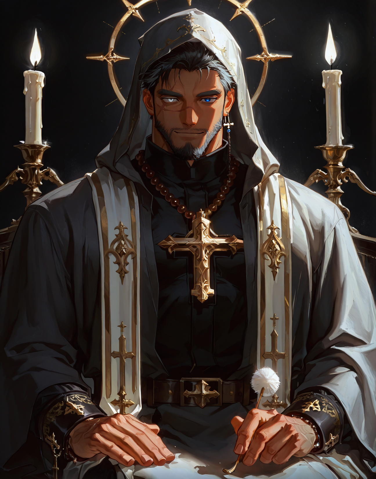 <lora:Lap_Pillow_Invitation_IL:1>, lap pillow invitation, holding mimikaki
looking at the viewer
long robe, clerical collar, ornate stole, gold embroidery, prayer beads, hooded cloak, leather-bound scripture, flowing sleeves, divine symbols, candlelit glow, rosary necklace, cross pendant, , sacred vestments, embroidered cuffs
(scar on right eyes, heterochromia, left blue eye, right grey eye, blue eye, grey eye),  <lora:DNF_Monk_r1:.9> dnfmonk, muscular male, beard, multicolored hair, scar on face, 
(very short hair), male focus, muscular male, bara, mature, (glossy skin, bara, mature, facial hair,), facial hair, bara, mature,  aixiwuganda_(20222192), very awa, masterpiece, best quality, absurdres, newest, perfect quality, detailed background, intricate details,<lora:slider_Body Type_alpha1.0_rank4_noxattn_last:2><lora:Anime Summer Days 2 Style SDXL_LoRA_Pony Diffusion V6 XL:.6><lora:merged:.7>, DARK, DARK BACKGROUND, LOW-KEY LIGHTING <lora:slider_cfg_scale_boost:.7><lora:Artist6p:.55>, Artist6p, Artist04p,<lora:slider_il_brightness_slider_d1:-.3><lora:slider_il_contrast_slider_d1:-.25>,<lora:slider_contract_controller_illus01_v1:.3>,<lora:slider_DarkSlider1.2_alpha1.0_rank16_full_300steps:-.1><lora:Heavenly_Beauty_r1:1>, (heavenlybeauty,)<lora:slider_style_strength_controller_illus01_v1:.25>