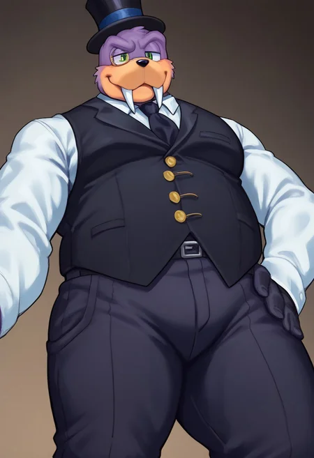 score_9, score_8_up, score_7_up, furry male, Rotor the walrus as mr walrus, <lora:MrWalrus_PXL_Leaf1:1>, green eyes, fangs, furry, furry anthro, hotel entrance, dutch angle, posing,, posing, 1930's fancy clothes, refined looking, (((dutch angle, posing, from below))), walrus, fat, overweight, walrus tusks, squinting eyes, smile, solo, 1boy, male focus, <lora:pony_monocles-step00000800:1>,(monocle),round eyewear, top hat,, suit, gloves, furry male, mustache, necktie, a robber-baron wearing a monocle on a chain on his left eye, top hat, white shirt, black vest from 1900 holding a pocketwatch, standing
BREAK
ambient light, (masterpiece:1.2), (highly detailed:1.2), (intricate:1.2), (best quality:1.2),(8k:1.2), (sharp:1.2), (majestic:1.2), natural lighting, detail++