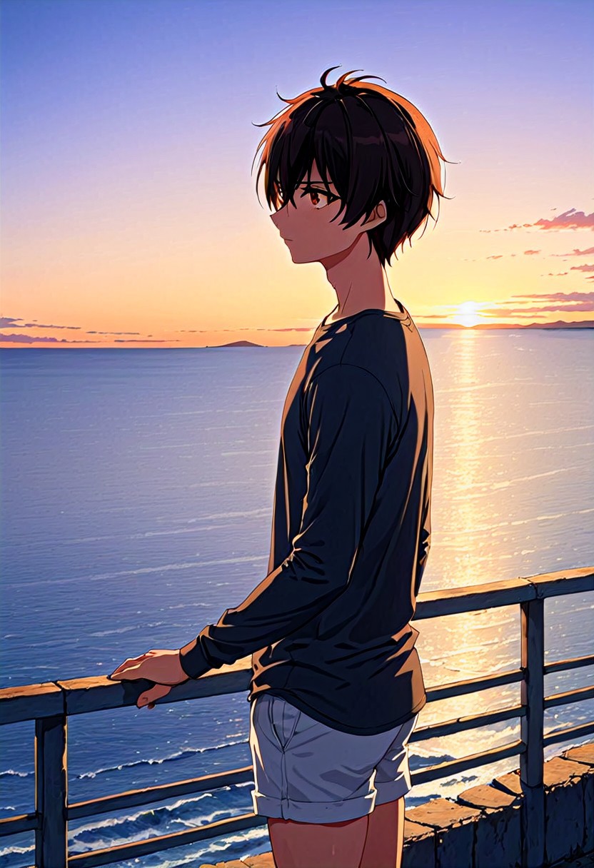 high resolution, solo, best quality, 1Boy, Seiya Kanie, Black Hair, Short Hair, Thin, Brown Eyes, Enjoying a sunset, horizon, beauty, calm, raglan, long sleeve t-shirt, shorts,