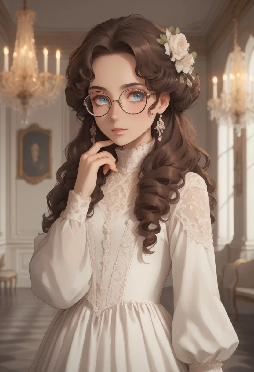 1girl, (ringlet hair), long hair, white dress, lacy dress, high neck dress, round glasses, blushing, <lora:dvr-gs:1> dvr-gs, dark brown hair, standing, small breasts, (((1800s clothes))), drill hair, curled bangs, [[[smiling]]], long hair, covered chest, light blue eyes, portrait, bust