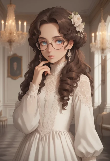 1girl, (ringlet hair), long hair, white dress, lacy dress, high neck dress, round glasses, blushing, <lora:dvr-gs:1> dvr-gs, dark brown hair, standing, small breasts, (((1800s clothes))), drill hair, curled bangs, [[[smiling]]], long hair, covered chest, light blue eyes, portrait, bust