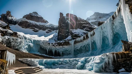 masterpiece,best quality,amazing quality,high resolution,ultra-detailed,absurdres,HDR,8K,high contrast,realistic,muted lithing,sharp focus,fine details,
A professional wide shot photography of the view On a hidden ice-carved amphitheater with frozen waterfall spires jutting out. At summer midday, bright sun crowns the amphitheater, crisp shadows carve every frozen pillar, and a thin breeze carries melting droplets. ,