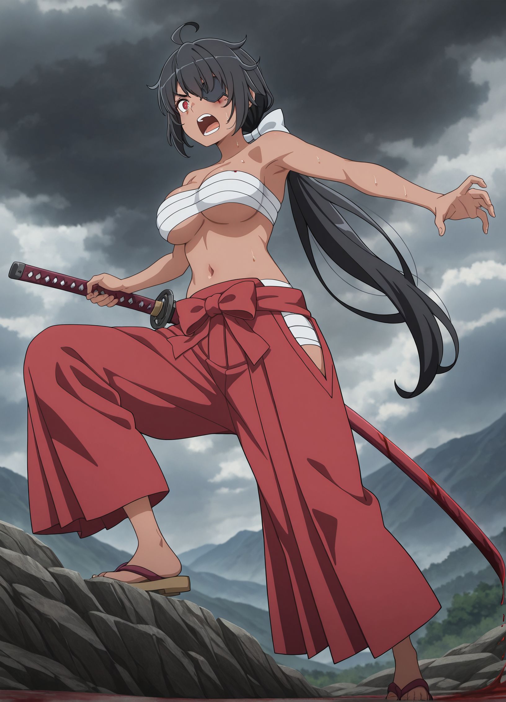 masterpiece,best quality,amazing quality,very aesthetic,absurdres,newest, huge filesize,
<lora:spo_sdxl_10ep_4k-data_lora_webui:0.5>,
<lora:add-detail-xl:1>
<lora:DANMACHI_V3:1>DANMACHI_V3, 
 ahoge, eyepatch,  
skirt, sandals, navel, breasts,  dark skin female, 
D_Tsubaki, red hakama,low ponytail white bow,  sarashi,topless, 
holding katana, 
DANMACHI_V3, 1girl, solo, eyepatch, anime coloring, cloud, sweat, injury, red eyes, bow, blood, sky, cloudy sky, open mouth, hair bow,  D_Tsubaki