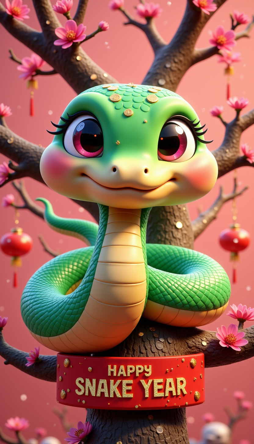 pinkchibisnakeyear,
A shimmering green and gold snake resting on the branches of a plum blossom tree, surrounded by red lanterns and fireworks. A festive banner tied to the tree reads "Happy Snake Year" in bold, glittering letters.