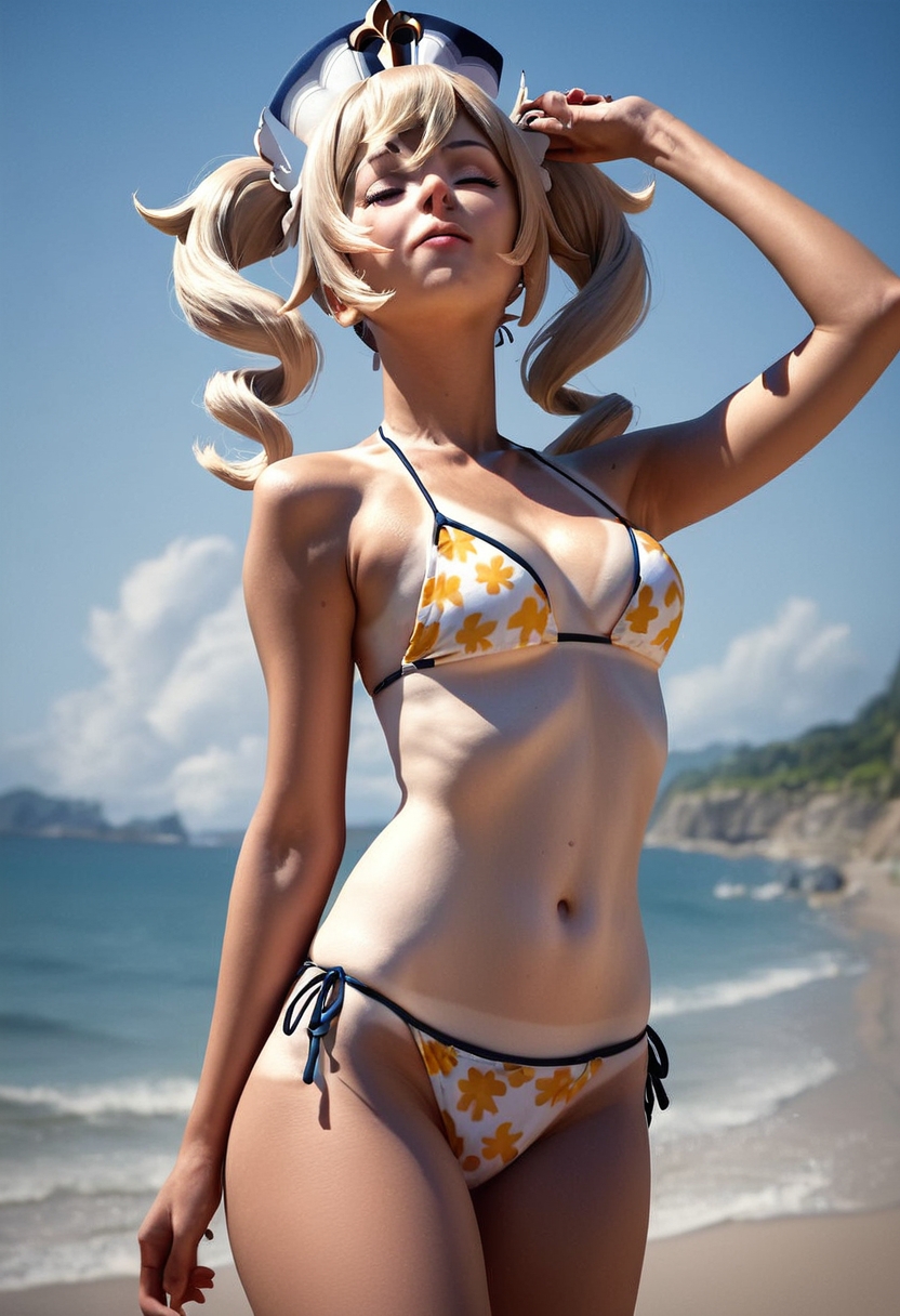 score_9, score_8_up, score_7_up, score_6, score_5, score_4, source_cartoon, realistic, beautiful 1girl, closed eyes, outdoors,tanlines, (5tar5 bikini pattern) vscog1rl5 , rating_safe barbara \(genshin impact\) <lora:VSCO.Girls.Beaches.Abandoned.Places:1>