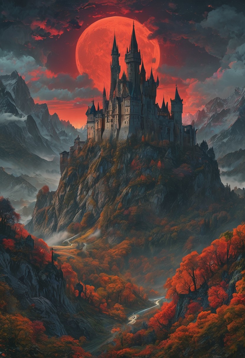 A captivating night scene illustration featuring a forboding and haunted castle on a great  great mountain. The castle and mountain are much like Neuschwanstein Castle in Bavaria.  This enchanting artwork captures a dark and ominous night, wherered bloodmoon hangs above  over the  tree covered mountain range and castle which   stands resolute amidst the great mountains, creating a cinematic experience., illustration, cinematic
<lora:DonM3t3rn1tyXL-v1.1:0.7>, DonM3t3rn1tyXL,
OverallDetailXL  <lora:MJ52:0.3>  <lora:SDXLFaeTastic2400:0.4>  <lora:EpicF4nta5yXL:0.7>