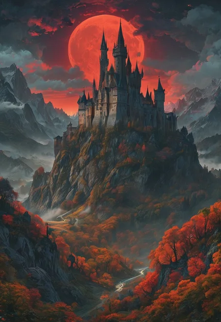 A captivating night scene illustration featuring a forboding and haunted castle on a great great mountain. The castle and mountain are much like Neuschwanstein Castle in Bavaria. This enchanting artwork captures a dark and ominous night, wherered bloodmoon hangs above over the tree covered mountain range and castle which stands resolute amidst the great mountains, creating a cinematic experience., illustration, cinematic
<lora:DonM3t3rn1tyXL-v1.1:0.7>, DonM3t3rn1tyXL,
OverallDetailXL <lora:MJ52:0.3> <lora:SDXLFaeTastic2400:0.4> <lora:EpicF4nta5yXL:0.7>