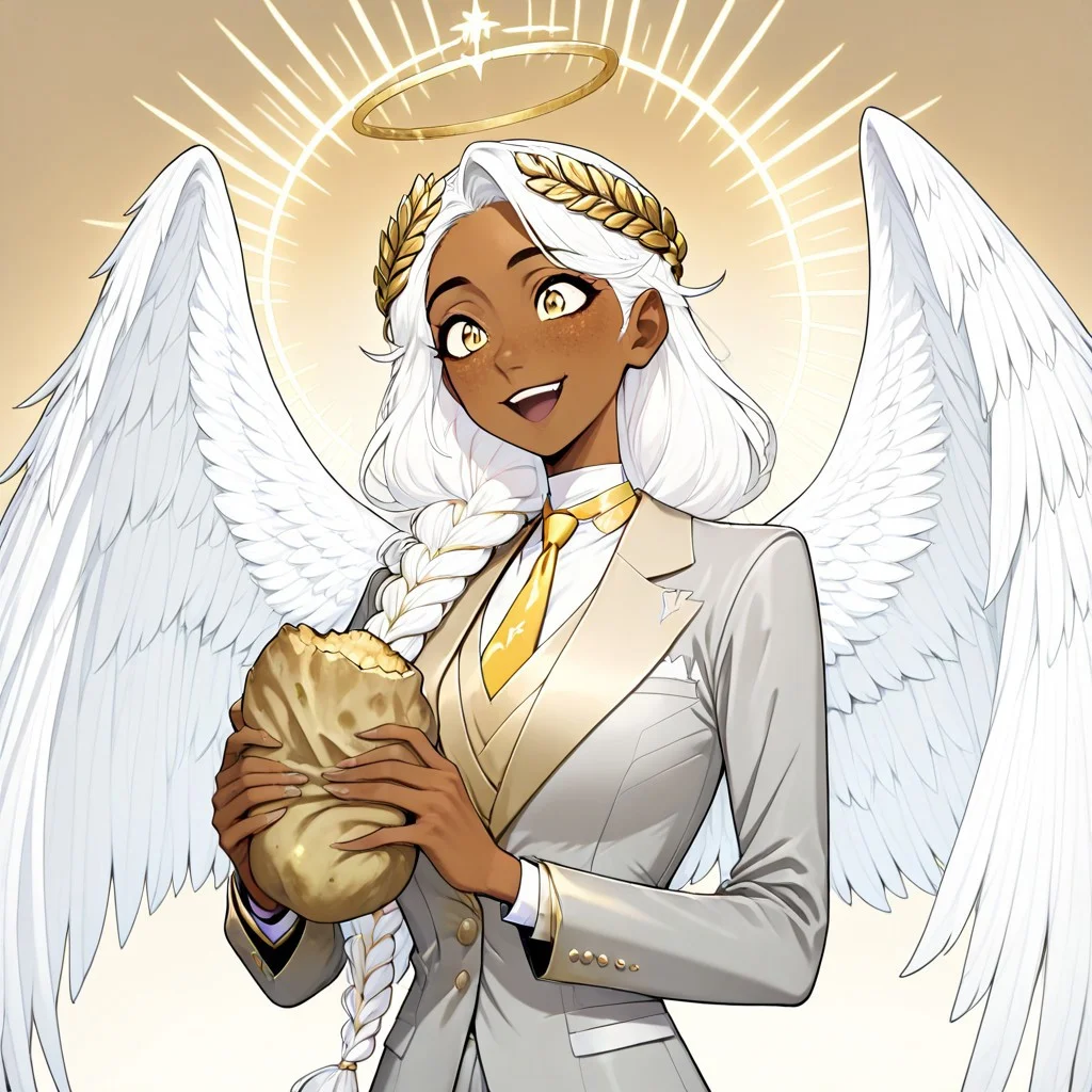 masterpiece, best quality, newest, absurdres, highres, FCOMV1.0, GABV2.0, 1girl, dark skin, dark-skinned female, grey suit, official attire, official clothes, nectie, yellow necktie, white hair, long hair, braid, single braid, angel, angel girl, halo, wings, angel wings, golden eyes, laurel crown, freckles, holding, holding potato, potato,