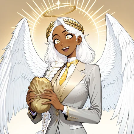 masterpiece, best quality, newest, absurdres, highres, FCOMV1.0, GABV2.0, 1girl, dark skin, dark-skinned female, grey suit, official attire, official clothes, nectie, yellow necktie, white hair, long hair, braid, single braid, angel, angel girl, halo, wings, angel wings, golden eyes, laurel crown, freckles, holding, holding potato, potato,