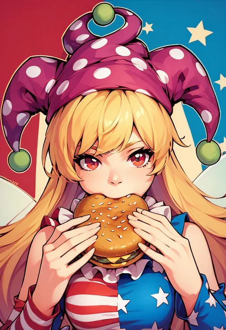 score_9, score_8_up, score_8, medium breasts, (curvy), looking at viewer,
jermaWhopper, eating, burger, looking at you, upper body,
zzClwnpc, red eyes, blonde hair, long hair, striped, jester cap, polka dot, american flag legwear, american flag dress, star print, pantyhose, fairy wings,
zPDXL, Expressiveh
