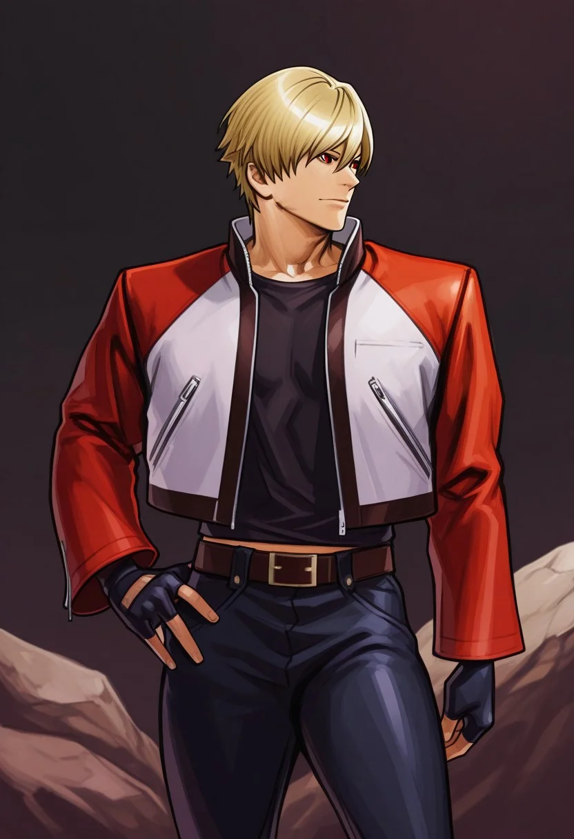 masterpiece, high quality, absurdres, very aesthetic, best quality, amazing quality, high resolution, <lora:KOF2002UM_Style_RHM:1>, KOF2002UM, Hiroaki, SNK, simple background, white background, 1boy, CotW_ROC, Rock Howard, short hair, blonde hair, hair between eyes, red eyes, red-white jacket, long sleeves, red back jacket,black upper collar, zipper pocket, black fingerless gloves, black shirt, belt, midriff peek, black jeans, hand on hip, looking away,