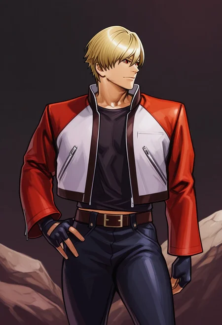 masterpiece, high quality, absurdres, very aesthetic, best quality, amazing quality, high resolution, <lora:KOF2002UM_Style_RHM:1>, KOF2002UM, Hiroaki, SNK, simple background, white background, 1boy, CotW_ROC, Rock Howard, short hair, blonde hair, hair between eyes, red eyes, red-white jacket, long sleeves, red back jacket,black upper collar, zipper pocket, black fingerless gloves, black shirt, belt, midriff peek, black jeans, hand on hip, looking away,