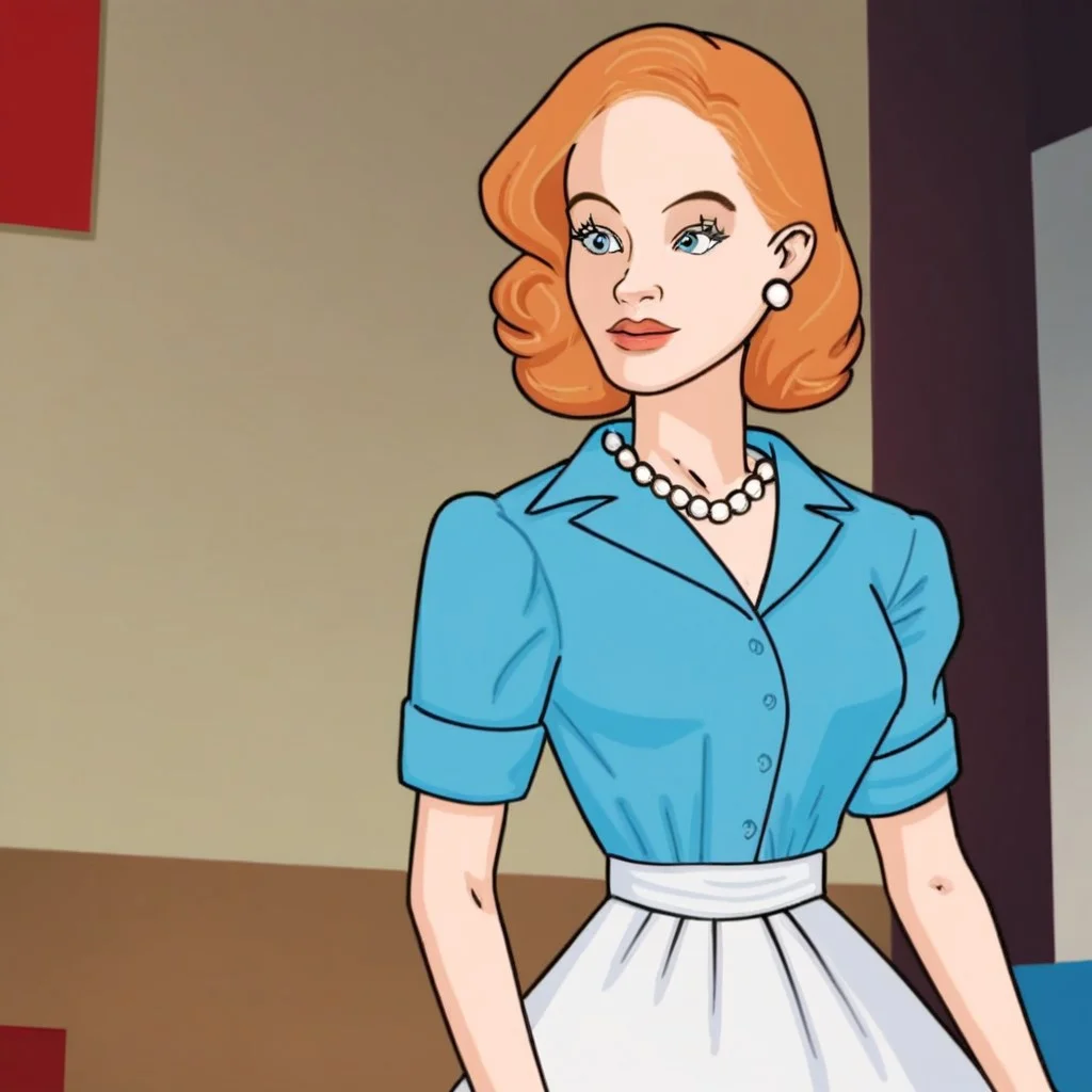 score_9,score_8_up,score_7_up,(masterpiece), best quality, expressive eyes, amazing quality, solo, 1girl, short sleeves, blue eyes, pearl necklace, brown hair, white skirt, lipstick, orange hair, blue shirt